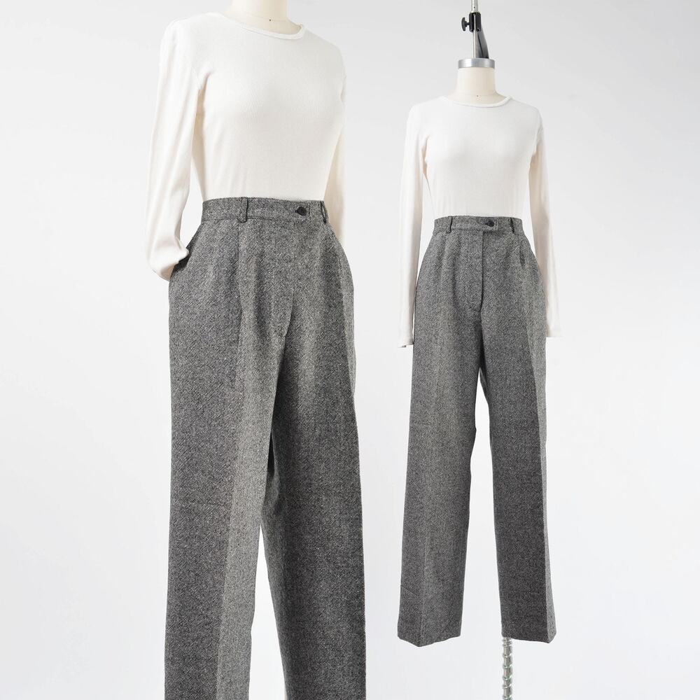 Vintage 90s Black White Wool Pants Pleated Front Tapered Leg Trousers L